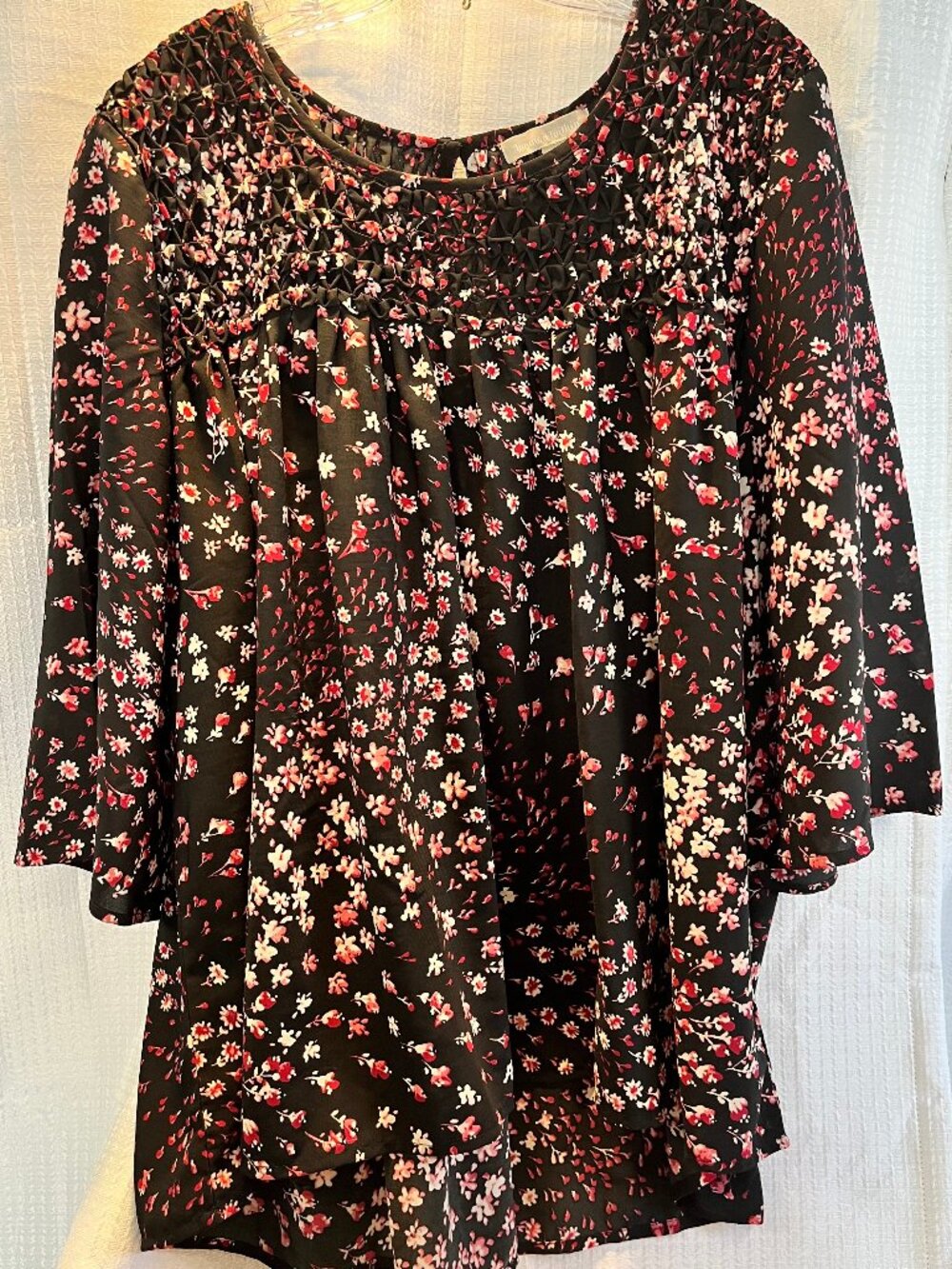 Woman Within Black Smocked Yoke Floral Tunic Blouse size 18